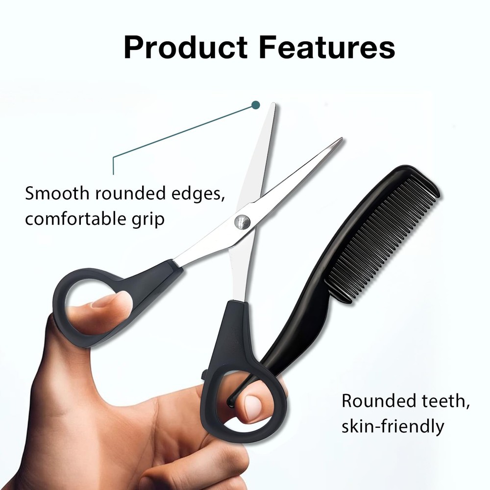 Beard & Mustache Scissors & Mini Comb Trimming Kit Black 4 inch For Men