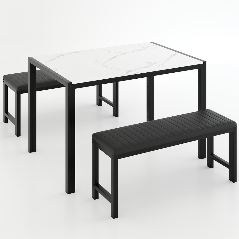 Modern 3-Piece Rectangular Dining Table 2 Upholstered Padded Dining Benches