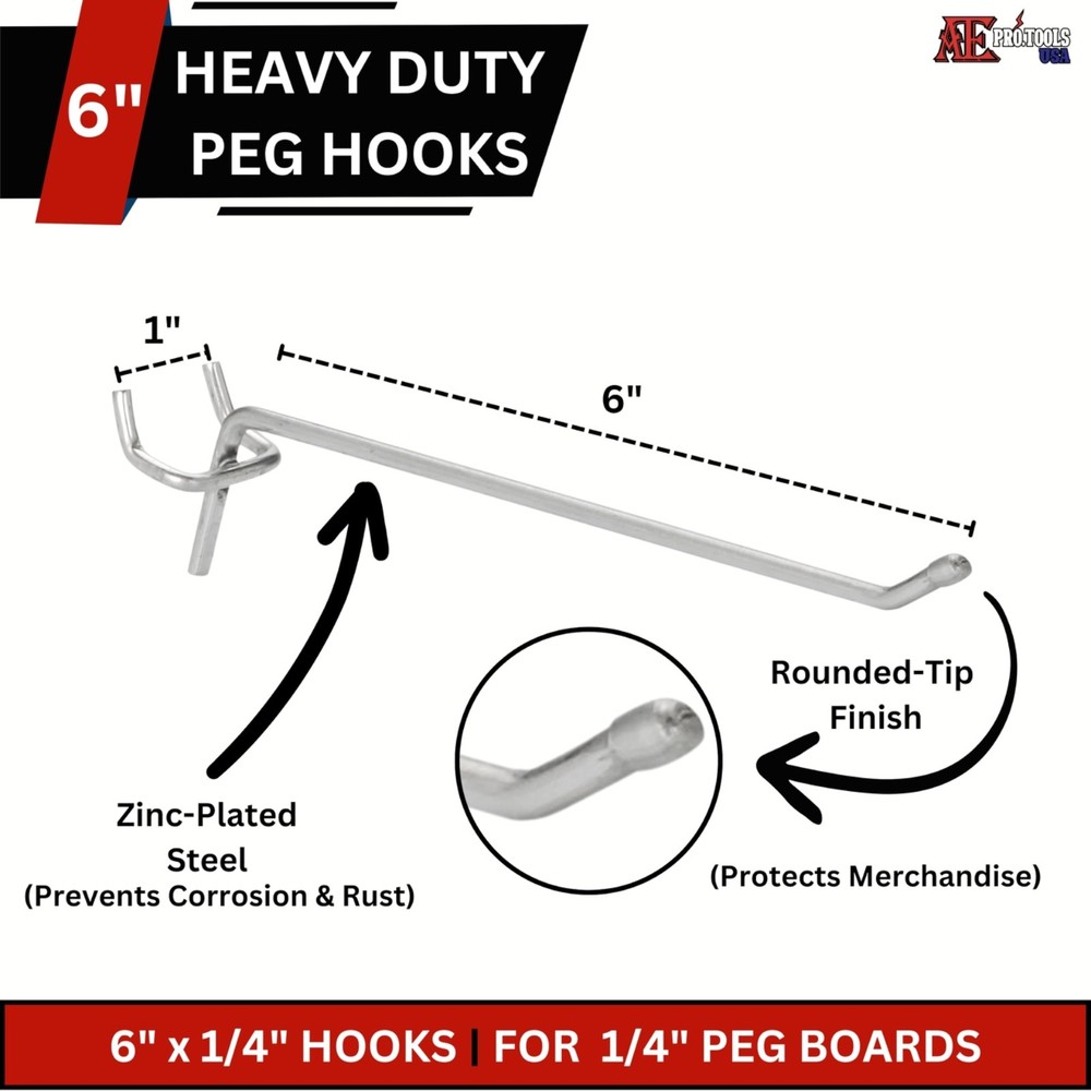[100 Pack] 6" Pegboard Hooks, Tool Organization Shelving Hooks for 1/4" Pegboard