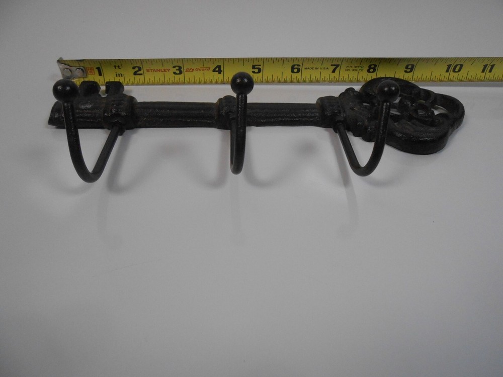 Wall Mounted Skeleton Key Holder Three Hooks Cast Iron Black