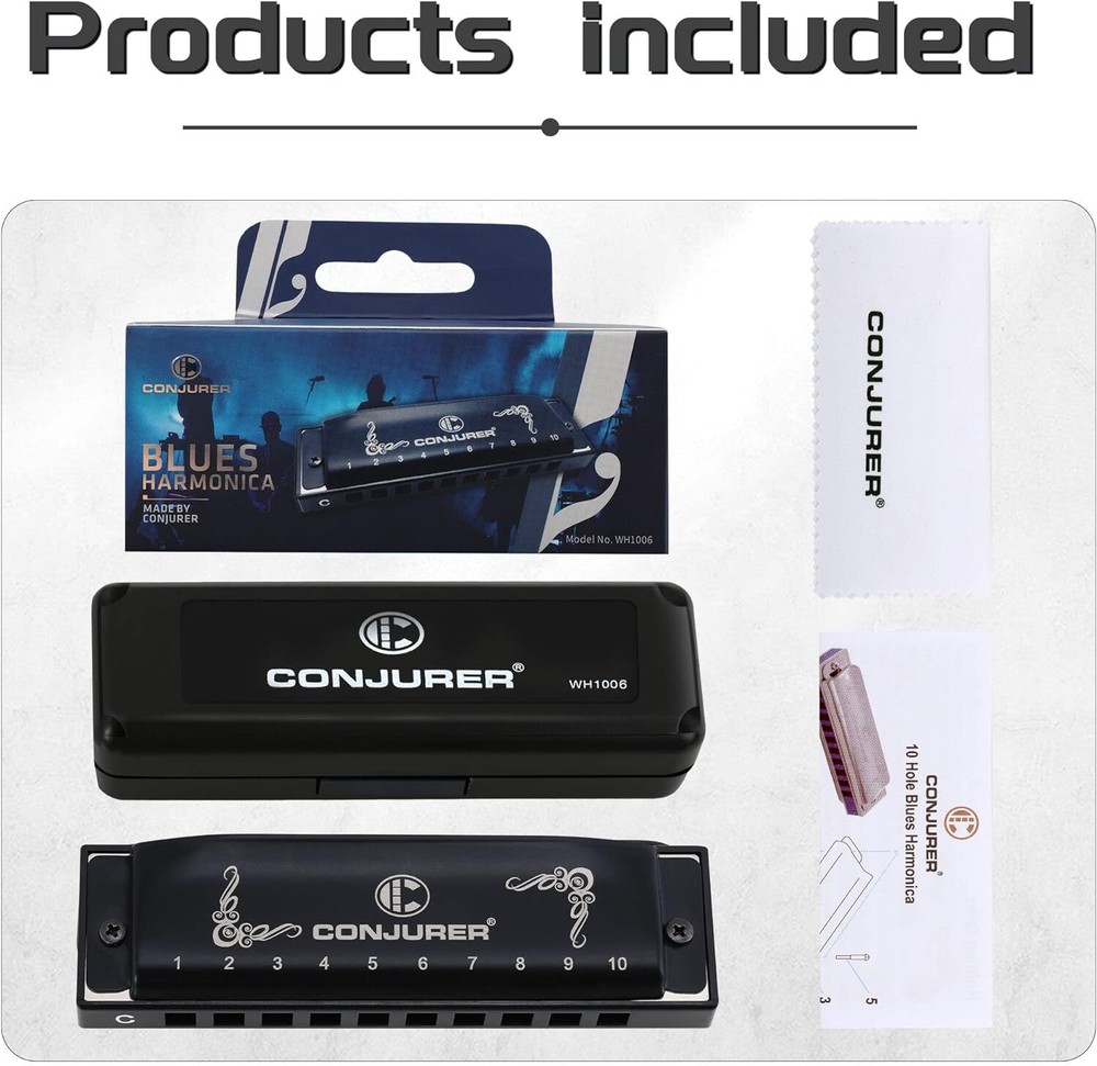 CONJURER Blues Harmonica C Key Beginner Professional 10 Hole Diatonic Harmonica