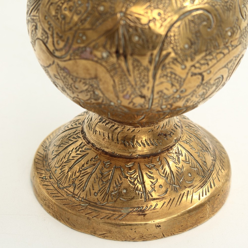 Indian Brass Vase Etched Decorations Bulbous Shape