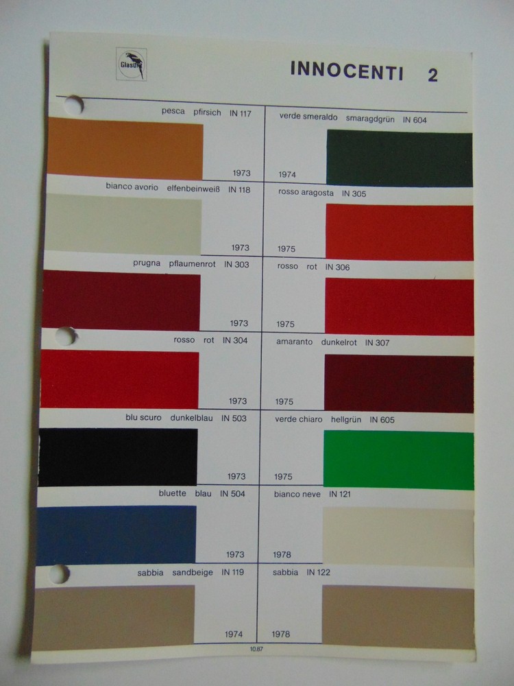 Original Glasurit Innocenti Paint Chips Sheet - 1973-1978