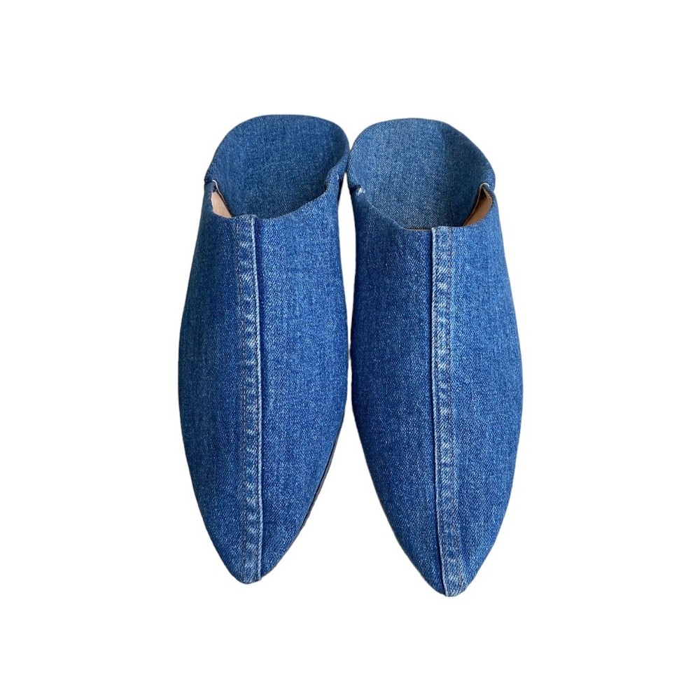 Blue Denim Moroccan Babouches Pointed Toe Leather Lining Handmade