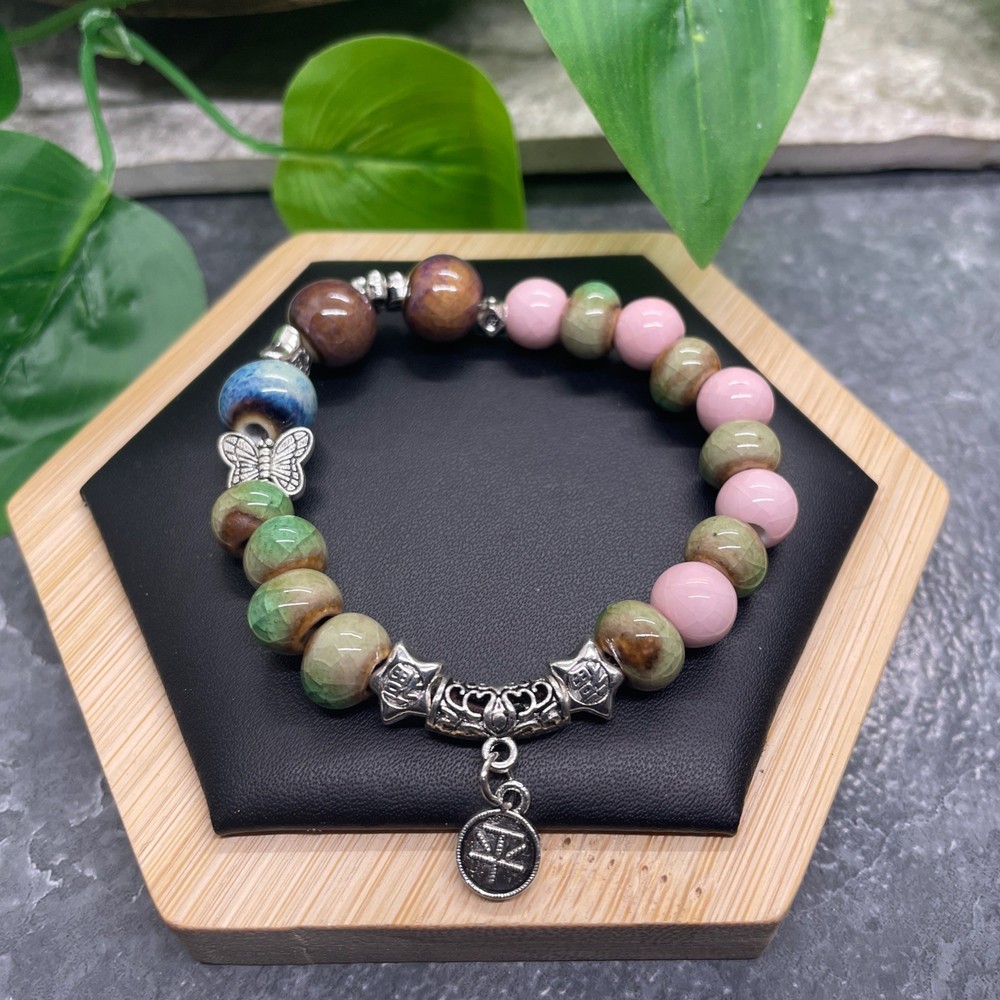 Handmade Ceramic Bead Beaded Stackable 6.25” Plus Stretch Bracelet New B529
