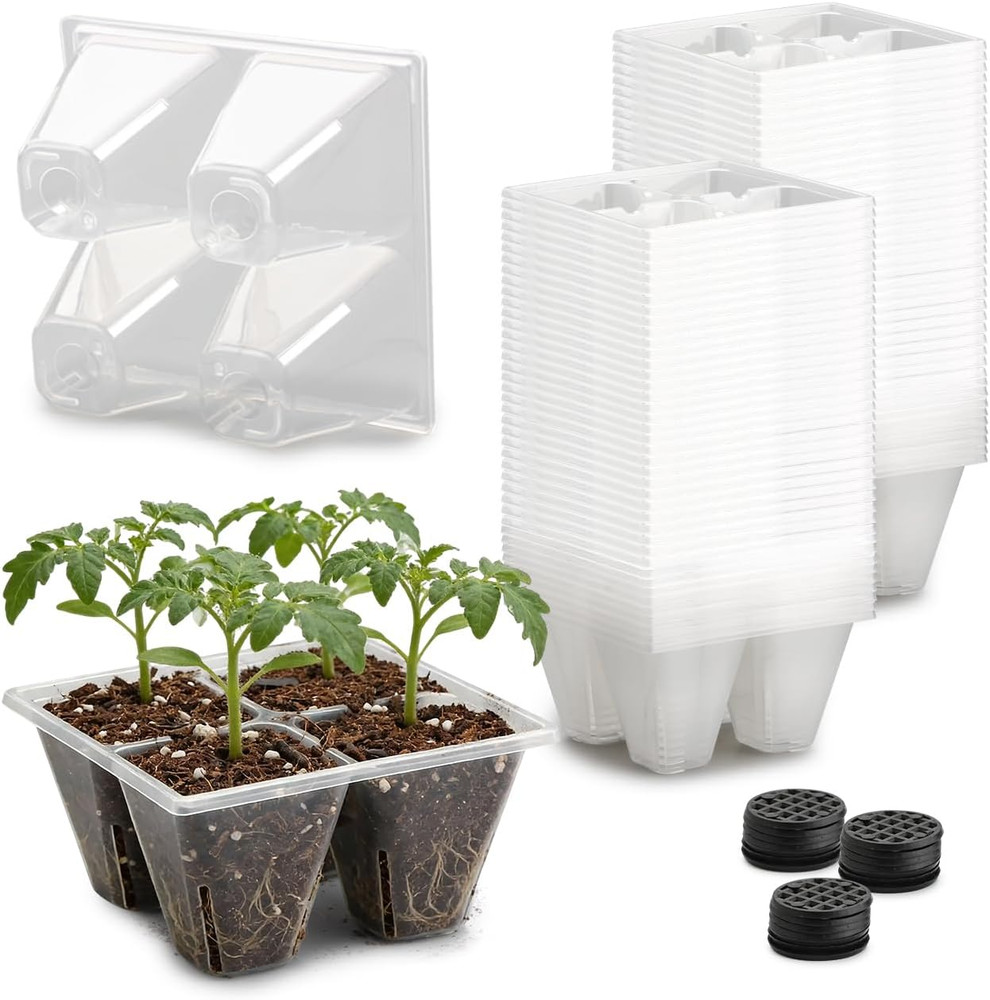 80 Pack Reusable 4-Cell Clear Seed Starter Trays - Extra Large Drainage Holes, E