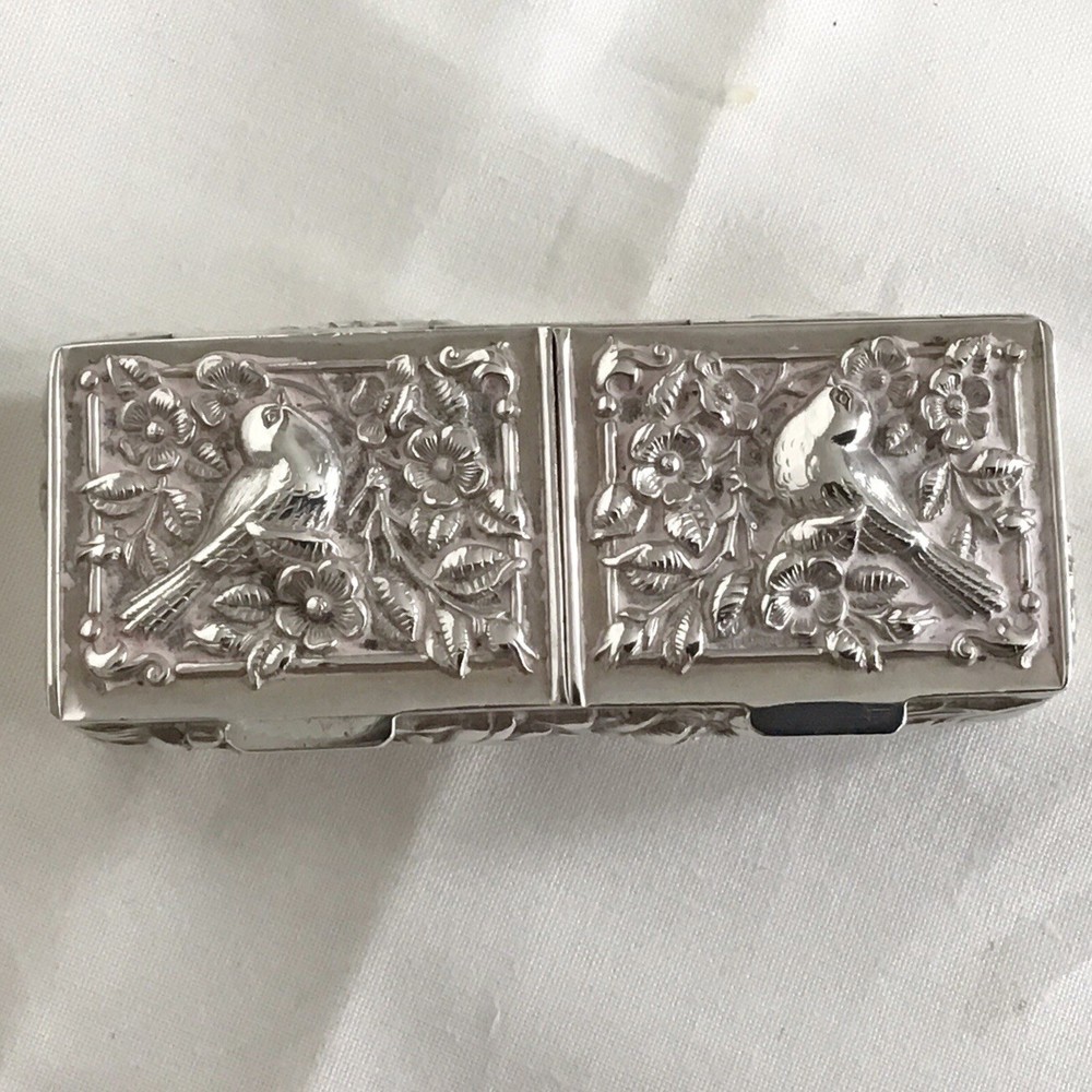 Solid Silver 925 Antique Little Blush Box, Hinged Lid & Two Compartments
