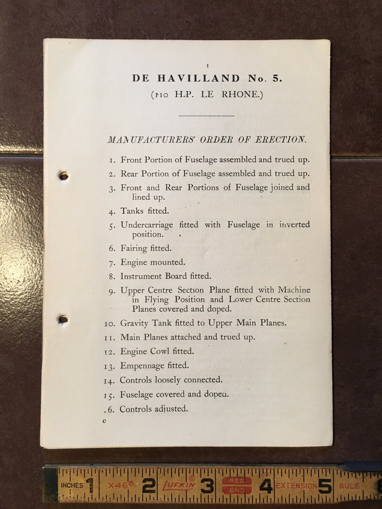 original De Havilland No. 5 with 110hp Le Rhone Erection- Rigging notes.