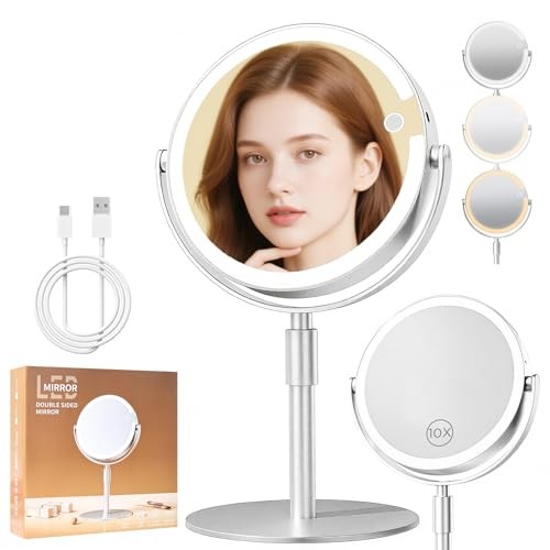Lighted Makeup Mirror with Magnification (1X/10X), 8" Round Magnifying Silvery