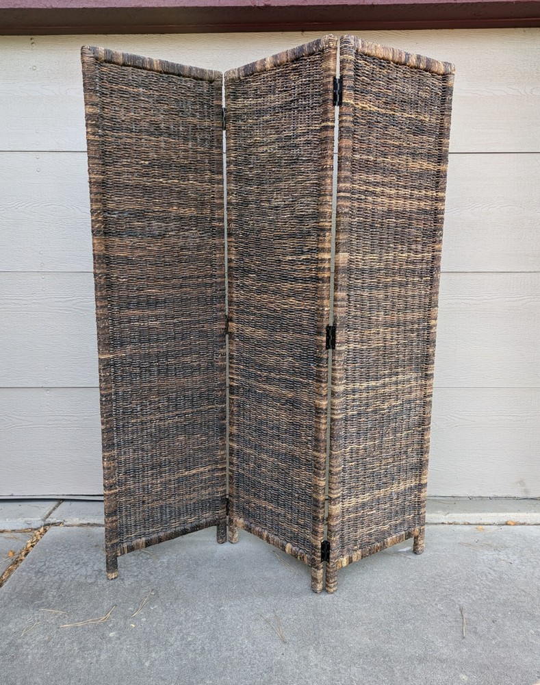 Vintage Asian Boho Chic Woven Wicker Rattan Folding 3-Panel Room Divider Screen