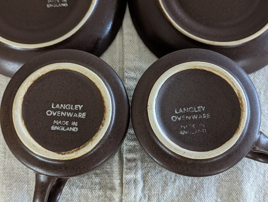 (2) Langley Pottery England Cups & Saucers Brown