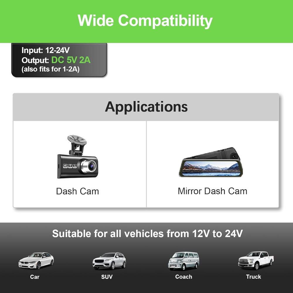 Dash Camera Car Charger, Mini USB and Micro USB Interfaces, Driving Recorders Po