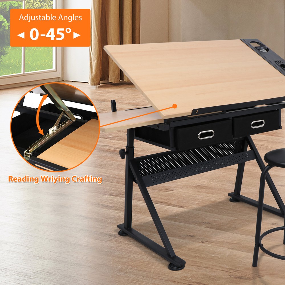 Drafting Drawing Table Craft Tiltable Tabletop with Stool & 2 Drawers to Study