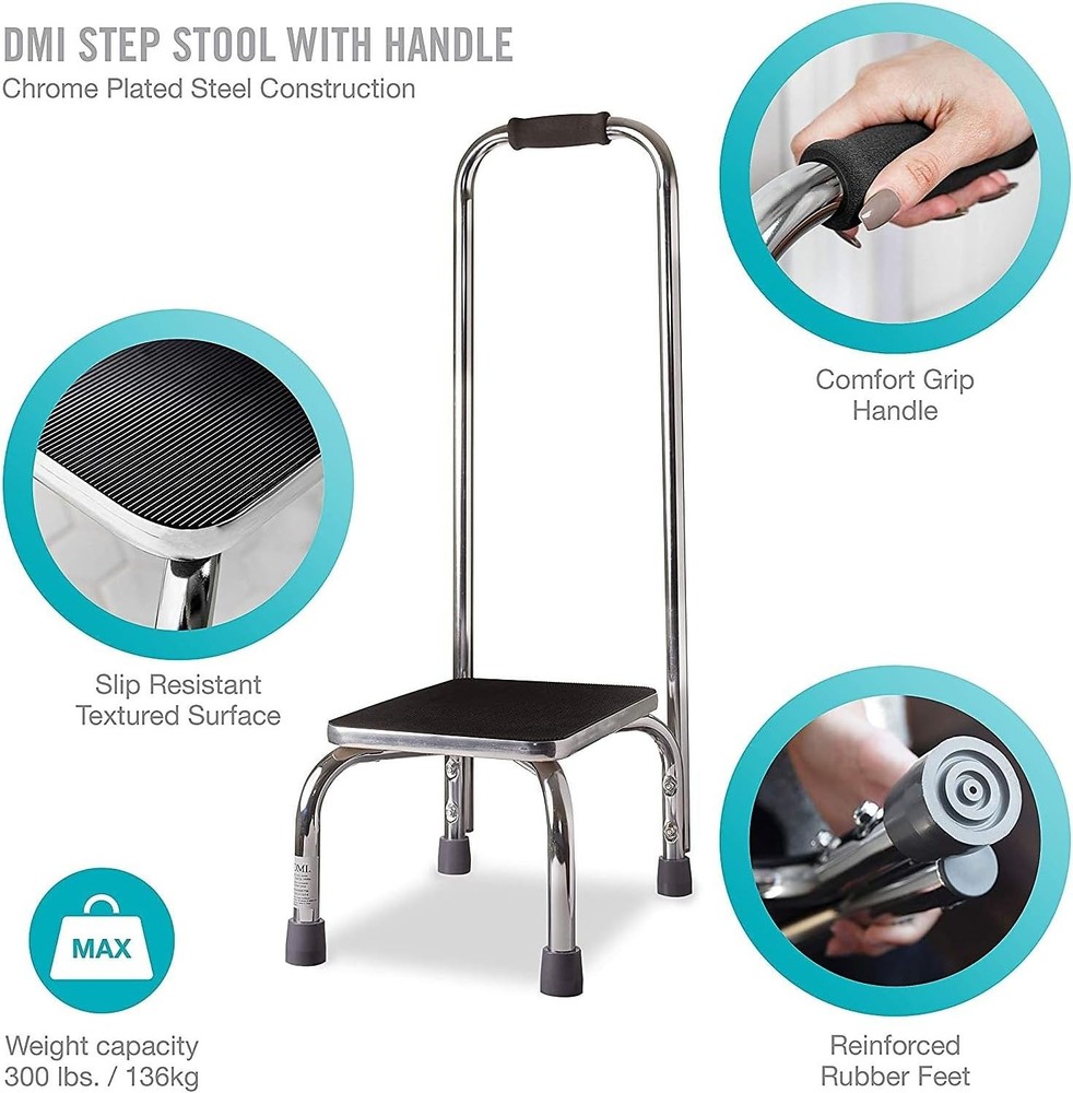 DMI Step Stool with Handle and Non Skid Rubber Platform, Lightweight Chrome