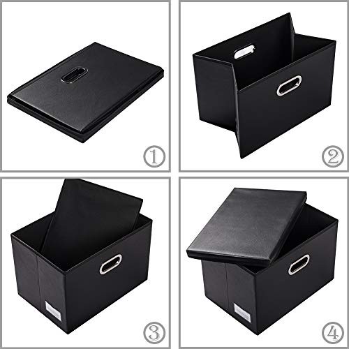 Large Foldable Storage Bins with Lids [3-Pack] Leather Large(3-Pack) Black