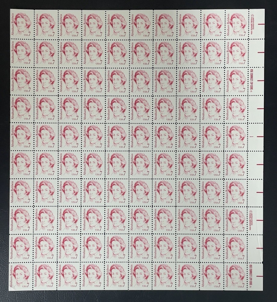 Scott #1850, 7c Abraham Baldwin, Great Americans, Mint sheet/100, NH