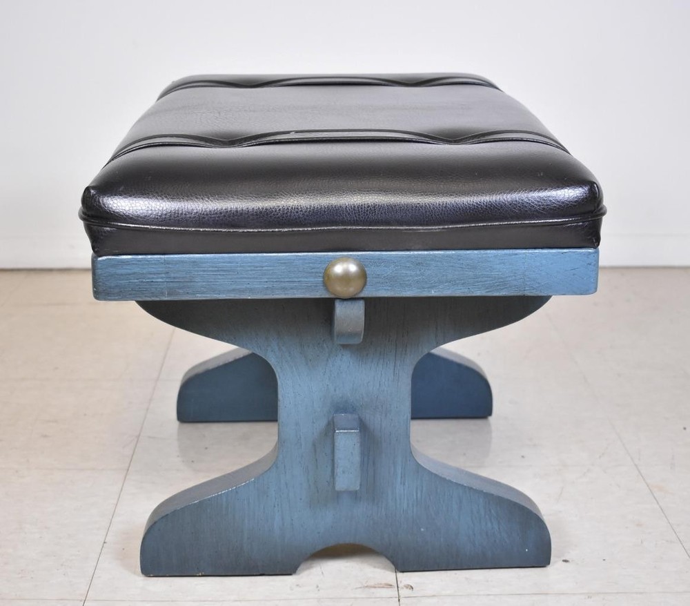 Mid-Century Black Vinyl Upholstered Benches with Oak Frames