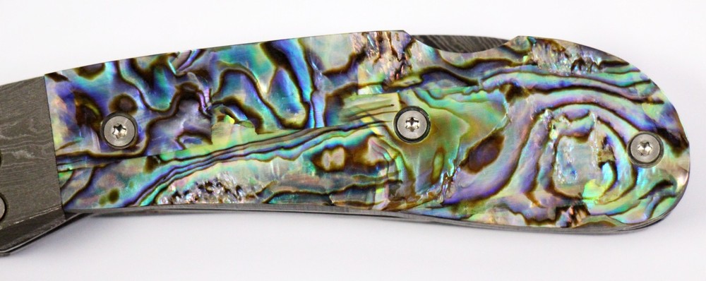 Perry Wingo Custom Linerlock Damascus Abalone Folding Knife