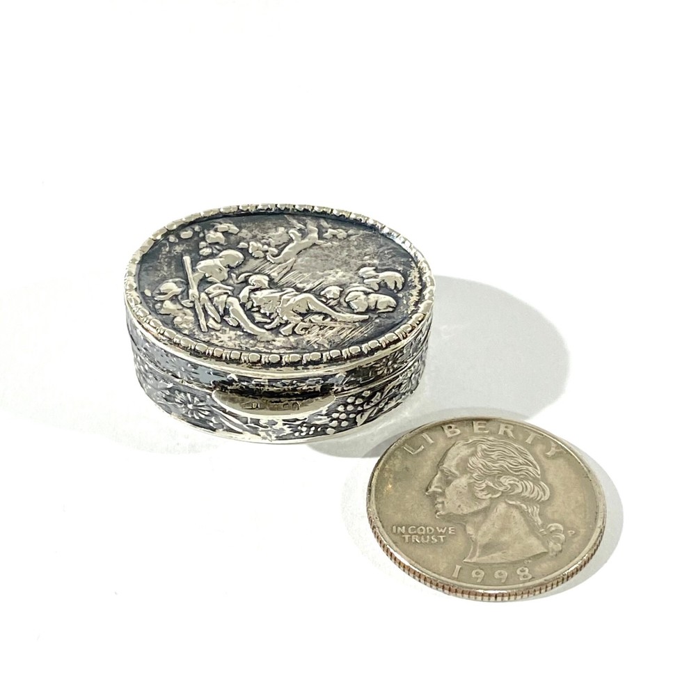 Antique Solid Silver Italian Pillbox , Hallmarked with romantic scene