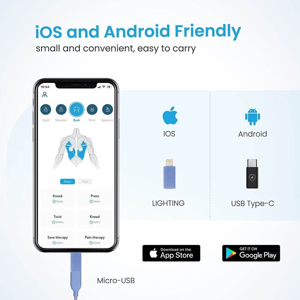 Compact App-Controlled TENS & EMS Pain Relief Device, iOS & Android compatible