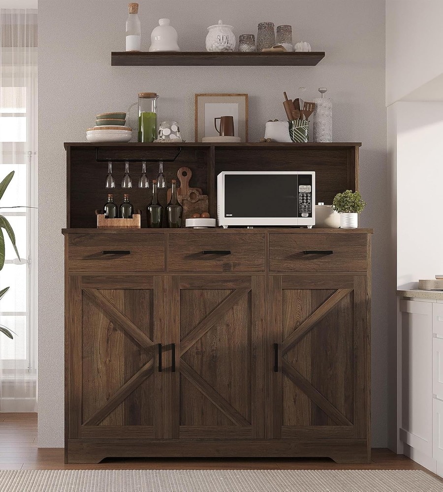 Sideboard Buffet Cabinet w Barn Doors,Microwave Stand,Drawers,Shelf for Kitchen