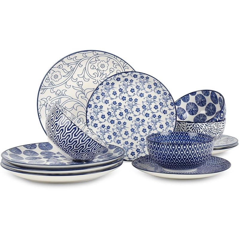 12 Piece Dinnerware Set Ceramic Plates Bowls Stackable Dishwasher Safe Floral US