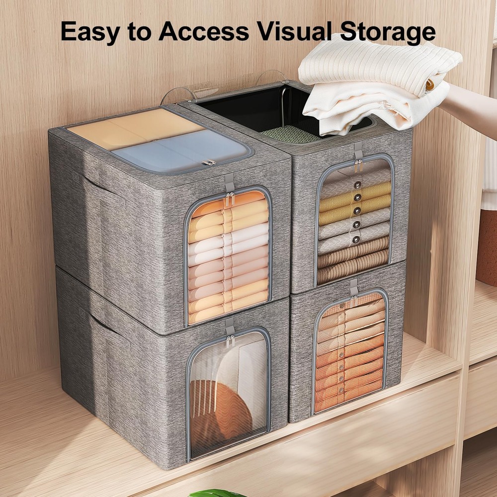 GoMaihe Clothes Storage Bin with Metal Frame: 6-Pack Stackable Closet 40L, 6