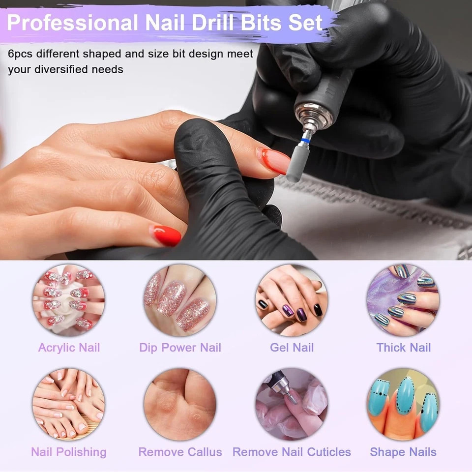6 Pack Nail Drill Bits for Acrylic Nails, 3/32" Shank Drill Bits for Nails Pr...