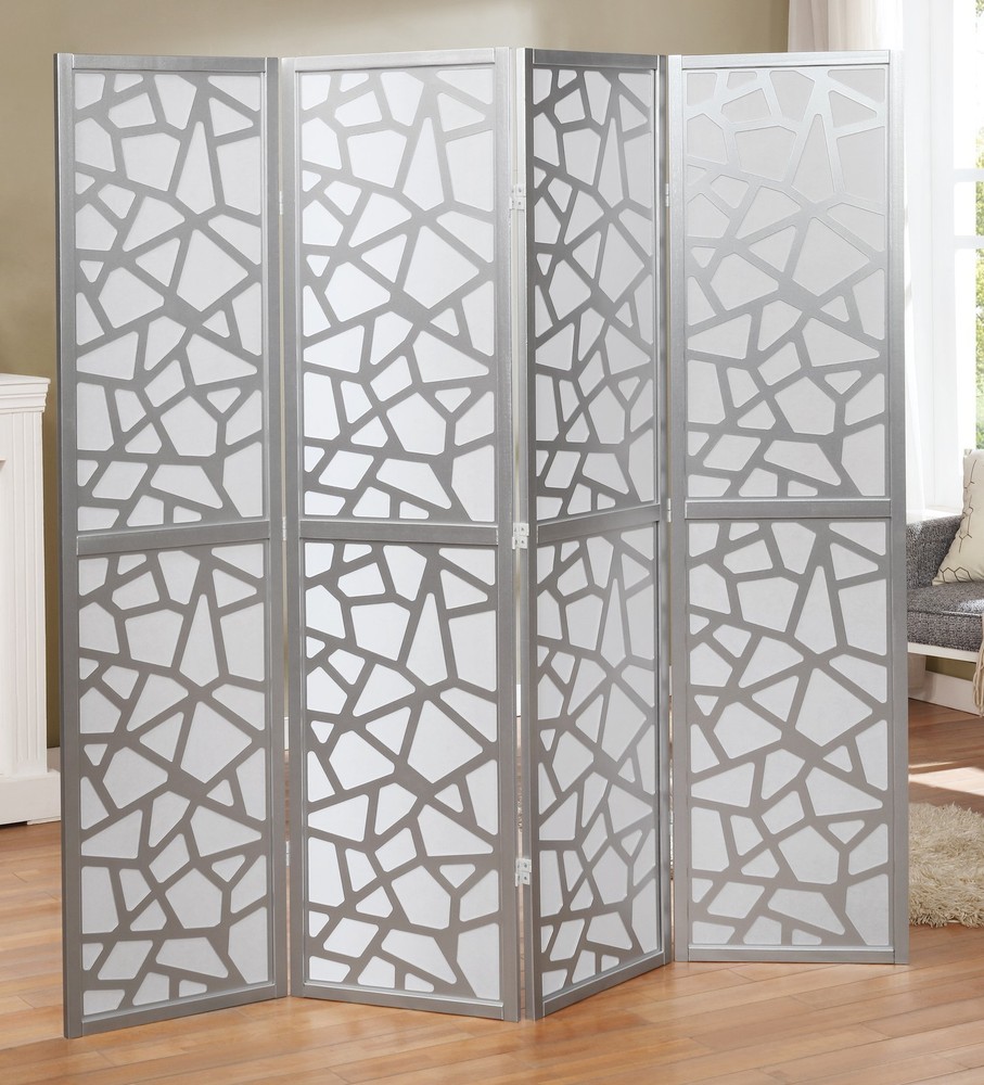 4 Panel Silver Room Divider Screen, Modern Folding Privacy Partition