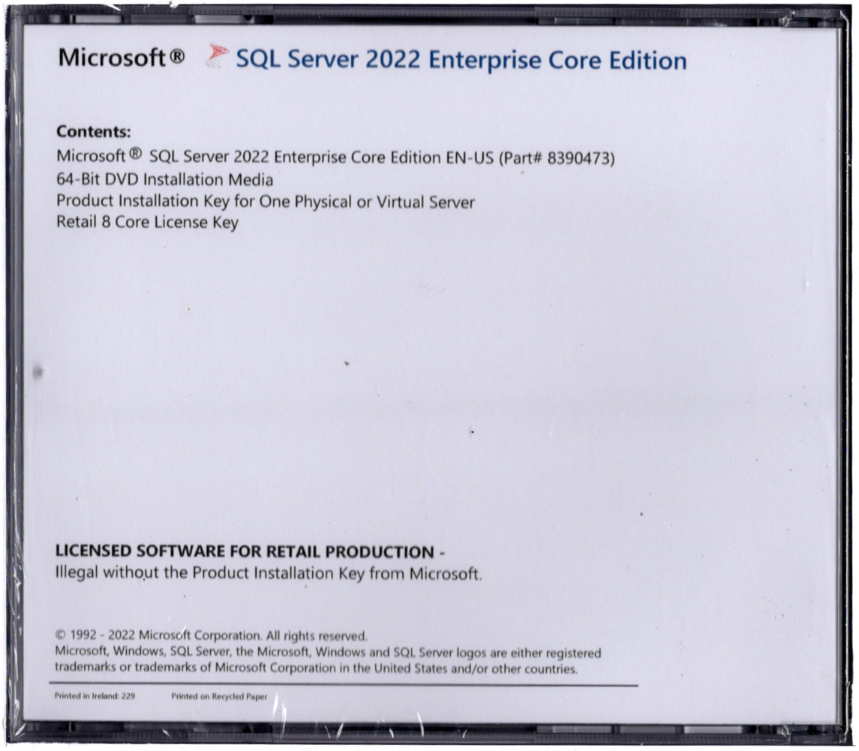 Microsoft SQL Server 2022 Enterprise with 8 Core License, unlimited User CALs