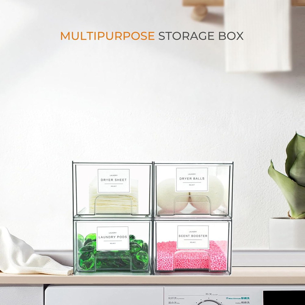 4 Pack Laundry Room Organization Storage Drawers with Labels, Clear Stackable Dr