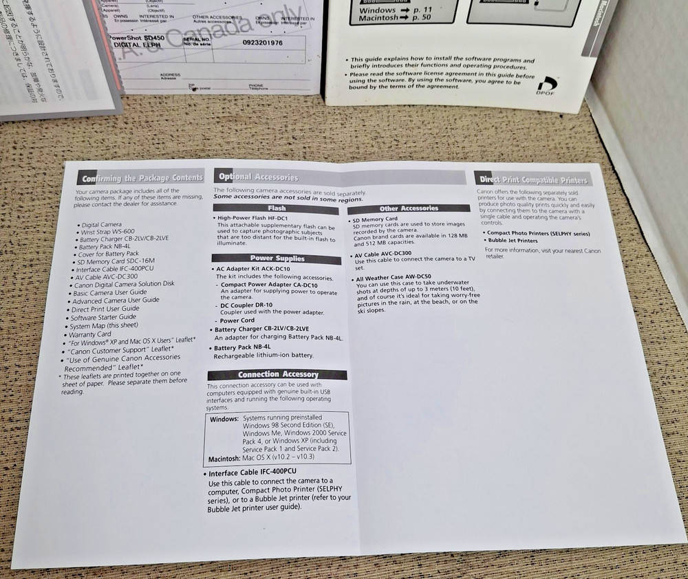 Canon Powershot S450 Digital ELPH System Map /Printer Manual/Software Guide