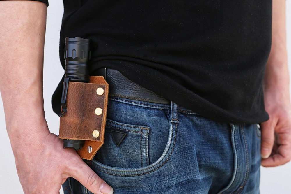 Personalized leather flashlight holster rustic leather flashlight belt holder