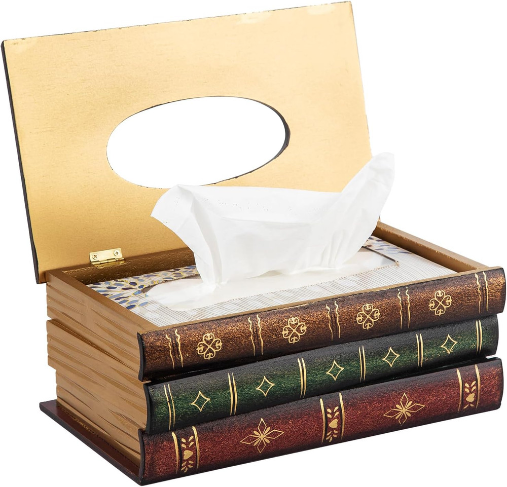 Crafted Classical Retro Wooden Antique Book Tissue Box Cover Rectangular Tissue