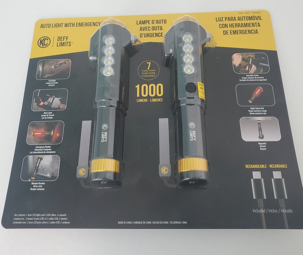 KC Auto Light with Emergency Tool 2 Pack 1000 Lumen Rechargeable Flashlight Set