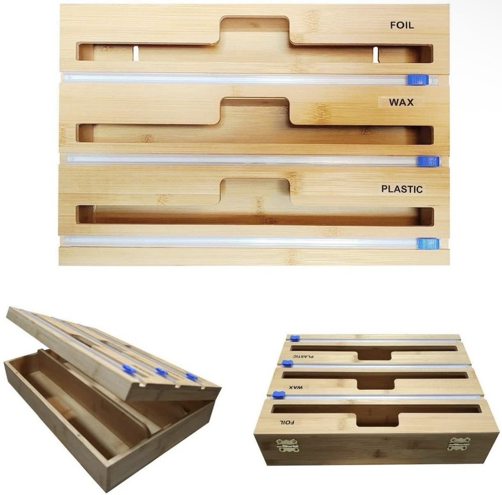 Compact Bamboo Wrap Organizer with Cutters – Holds 3 Wrap Types for Drawer