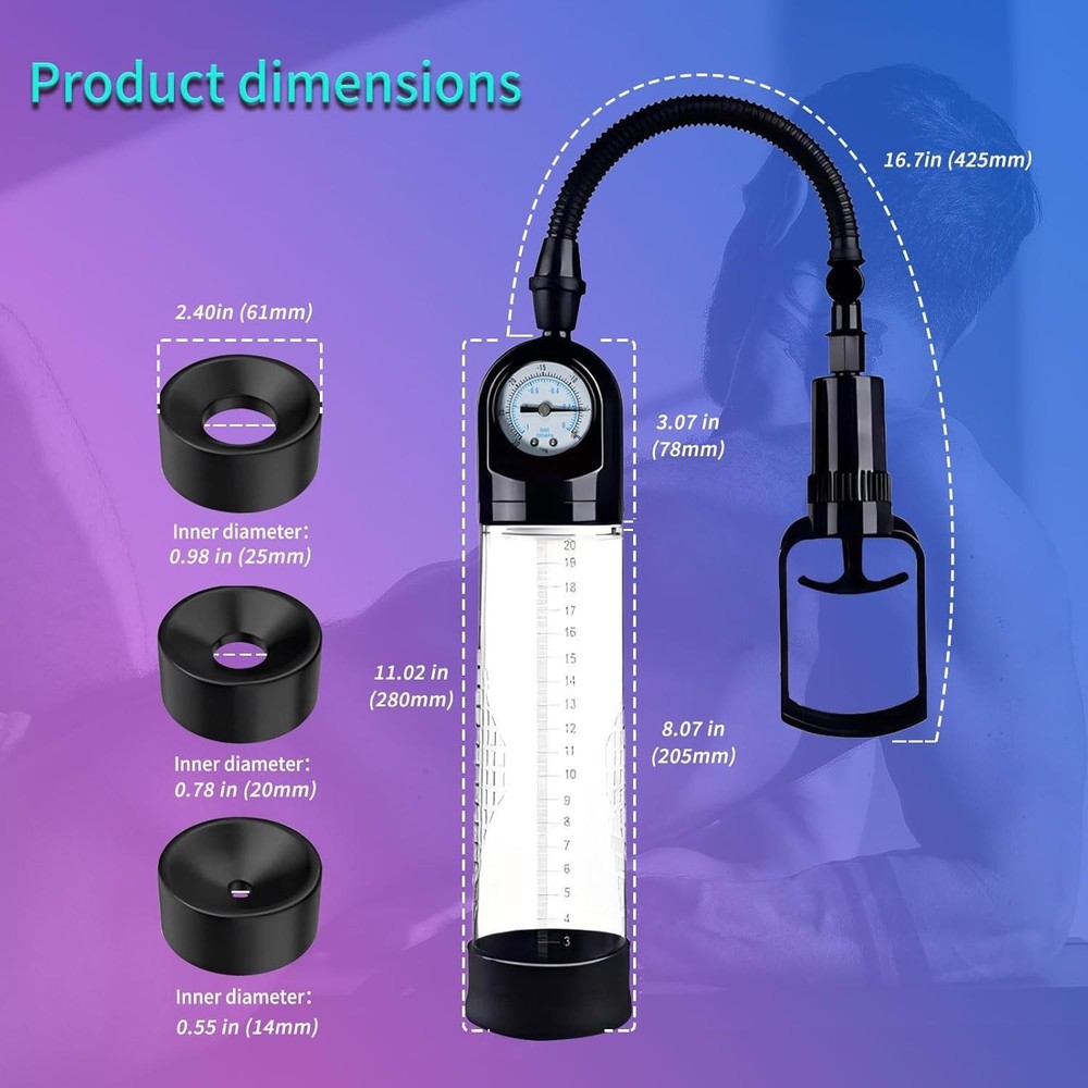 Ergonomic Penis Pump with Size Rings & Pressure Gauge - Instant Erection Boost