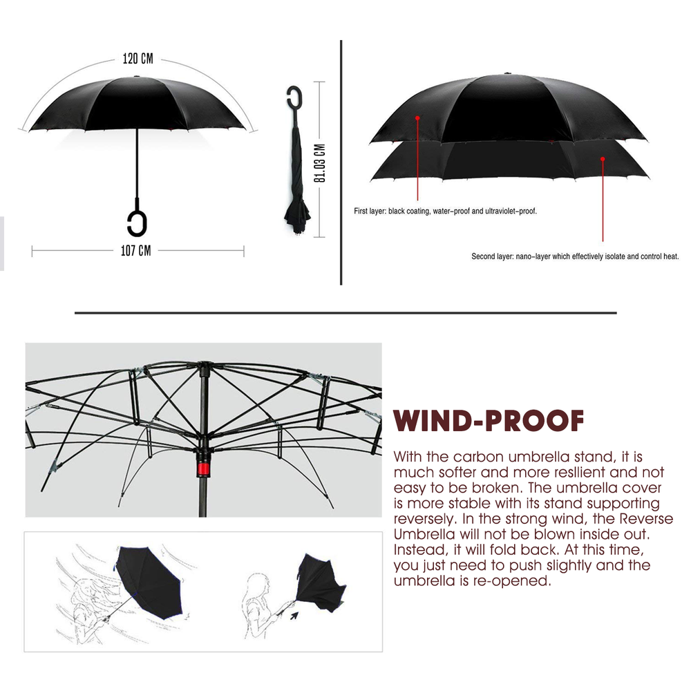 Umbrella -Upside Down-Windproof Inverted Reverse C-Handle Folding with Carry Bag