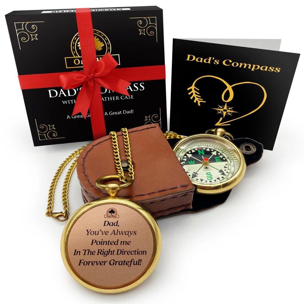 Oaki Way Dad's Compass – Sentimental Pocket Compass with Chain & Leather Case