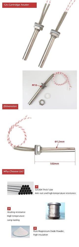 Tubular Heater 12v 100w/150w/200w SS 304 Immersion Cartridge Heating Element