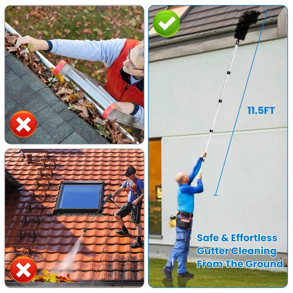 11.5FT Telescoping Gutter Cleaning Brush Tools Extendable Rain Gutter Cleaner