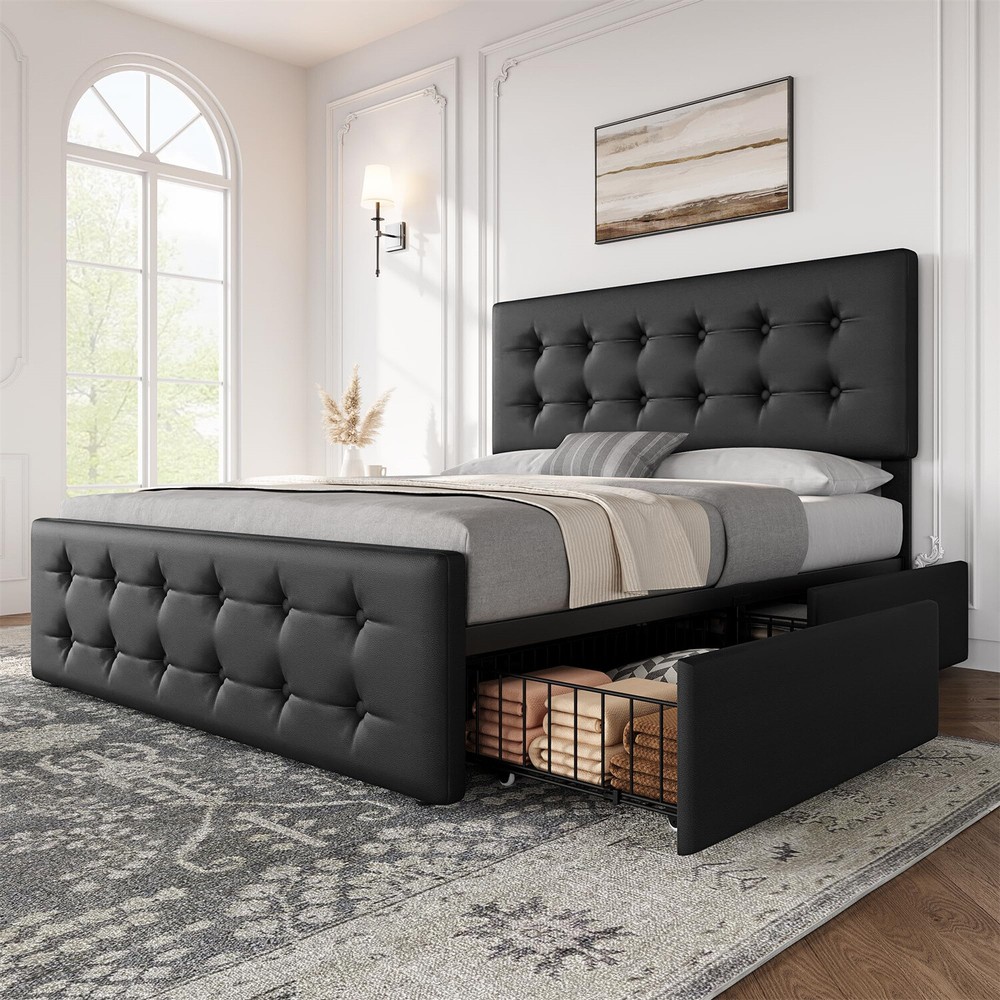 🎱✅Full Size Bed Frame with 4 Storage Drawers and Headboard Upholstered Platform
