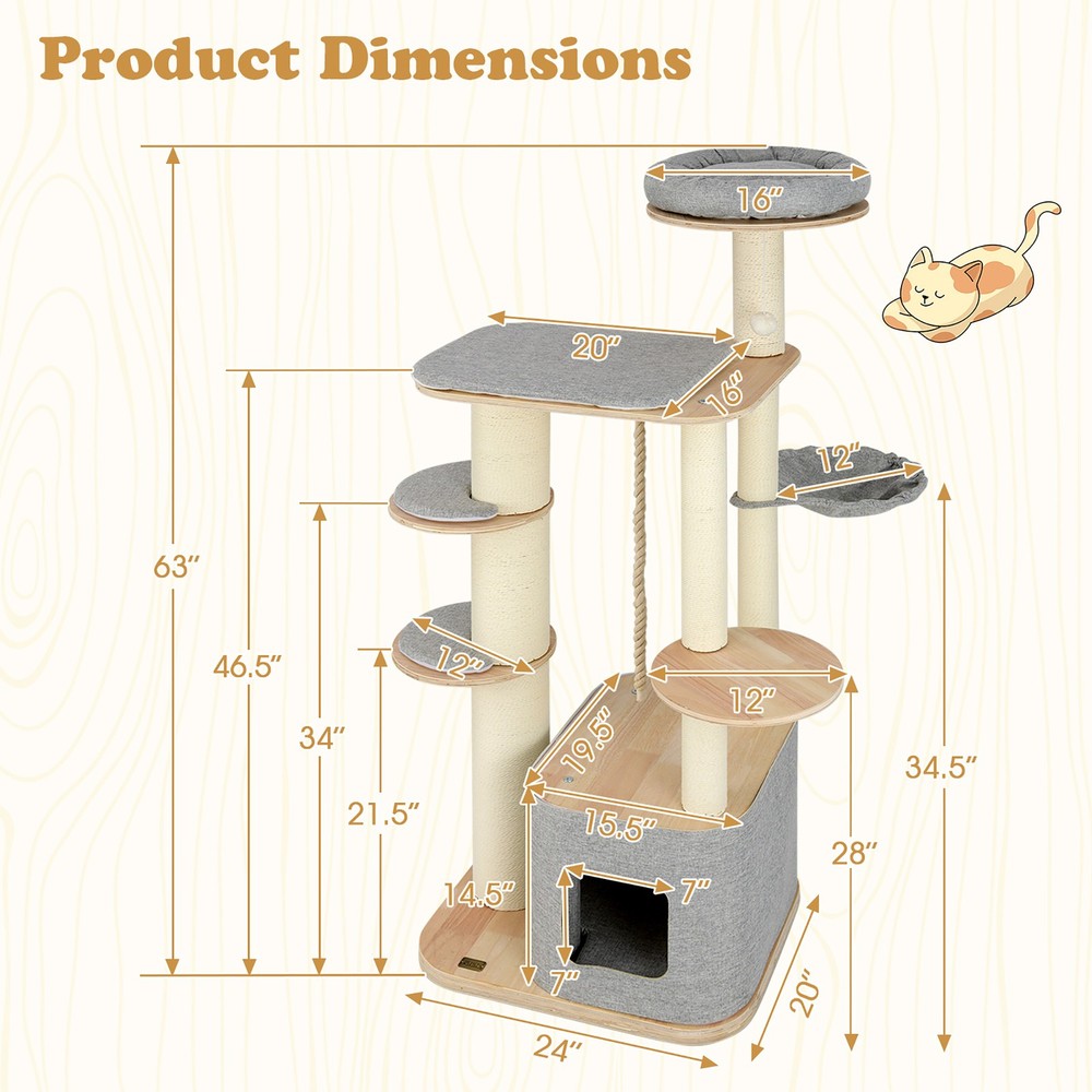 63'' Tall Modern Cat Tree w/ Perch Condo Hammock 5.6'' Scratching Posts
