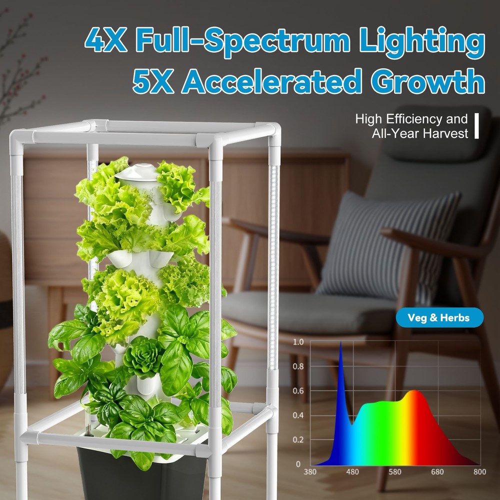 Vertical Hydroponic Tower System 6-Tier 30-Pod Grow Light Timer Indoor Growing