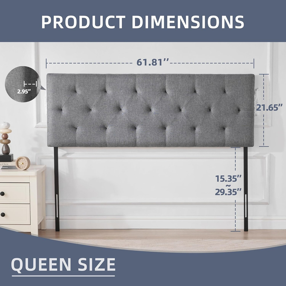 Linen Upholstered Headboard Queen Size, Modern Diamond Tufting Solid Wood Queen