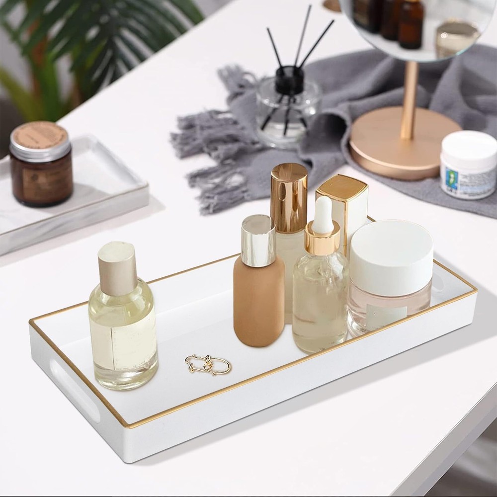 White Vanity Tray Plastic Decorative Tray Rectangular Trays with Handles Bath...