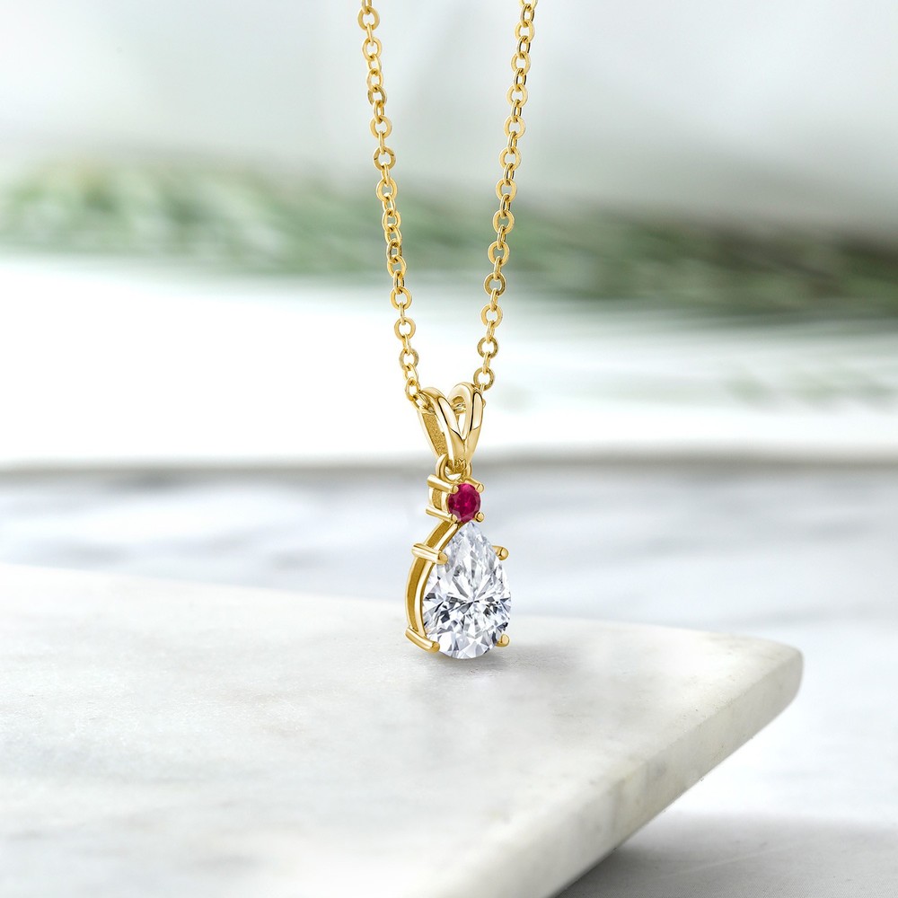 18K Yellow Gold Plated Silver Created Ruby Pendant with Chain Set with