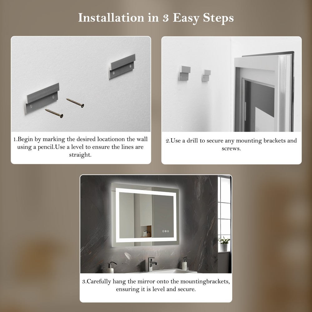 LED Bathroom Vanity Mirror with Anti-Fog, Memory Function, Tempered Glass
