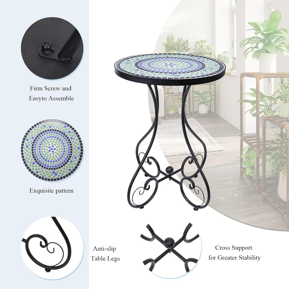 Mosaic Outdoor Side Table, Round Rustproof Patio Table with 14" Ceramic Tile Top