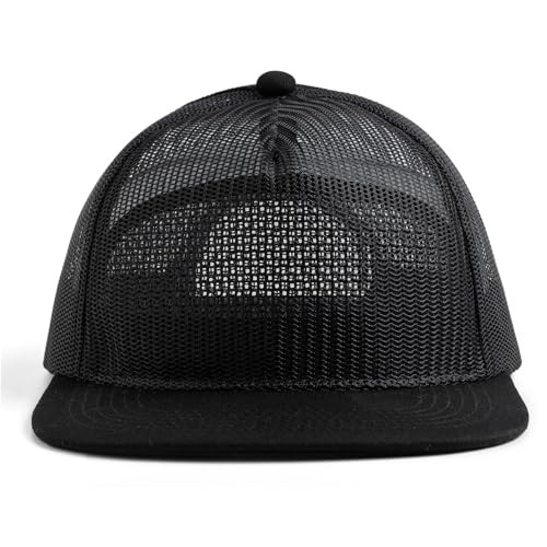 Mesh Flat Bill Snapback Hat, 5-Panel Adjustable Blank Baseball Cap, Black